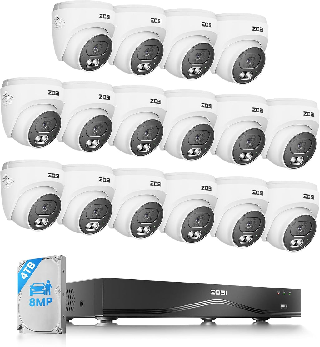 ZOSI C220 4K 8MP 16CH POE NVR Security Camera System (32CH Expandable), 16 x 8MP PoE IP Cameras Outdoor Indoor, 24/7 Recording, AI Human/Vehicle/Face Detection, Two-Way Talk, Night Vision, 4TB HDD