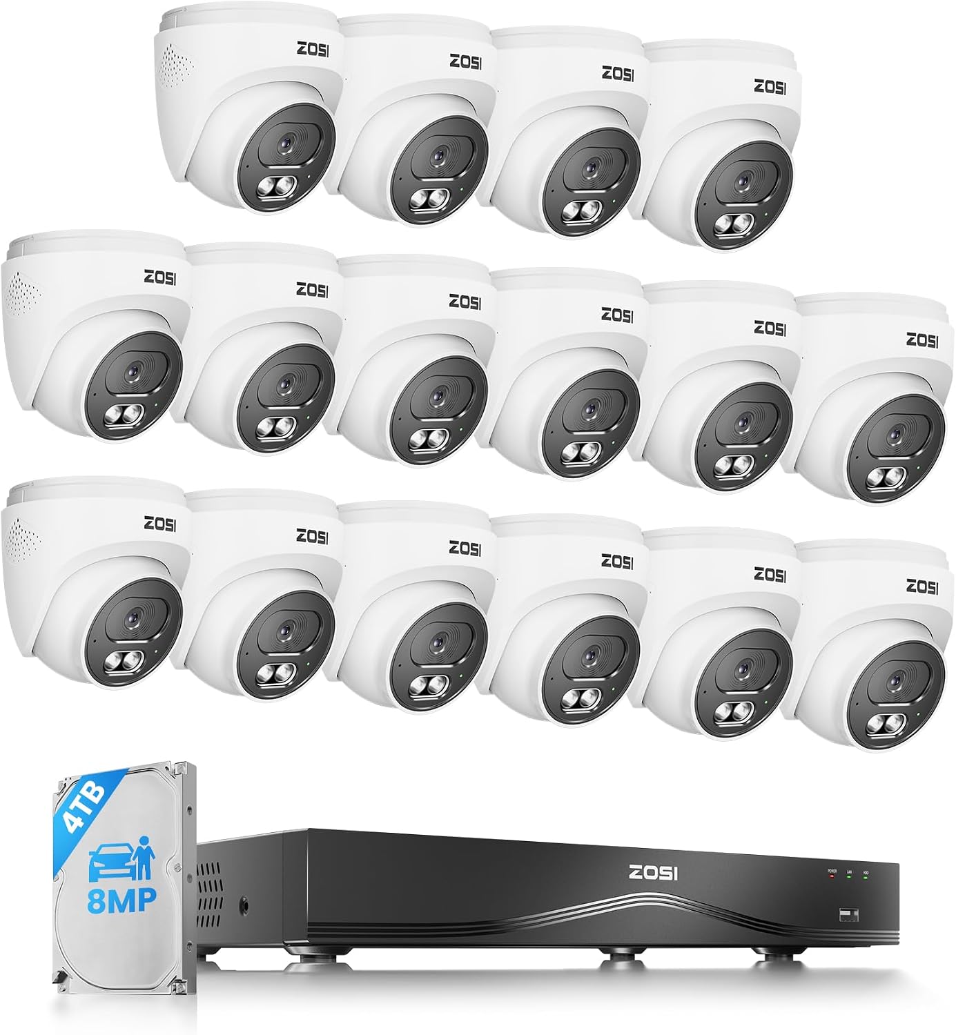 ZOSI C220 4K 8MP 16CH POE NVR Security Camera System (32CH Expandable), 16 x 8MP PoE IP Cameras Outdoor Indoor, 24/7 Recording, AI Human/Vehicle/Face Detection, Two-Way Talk, Night Vision, 4TB HDD