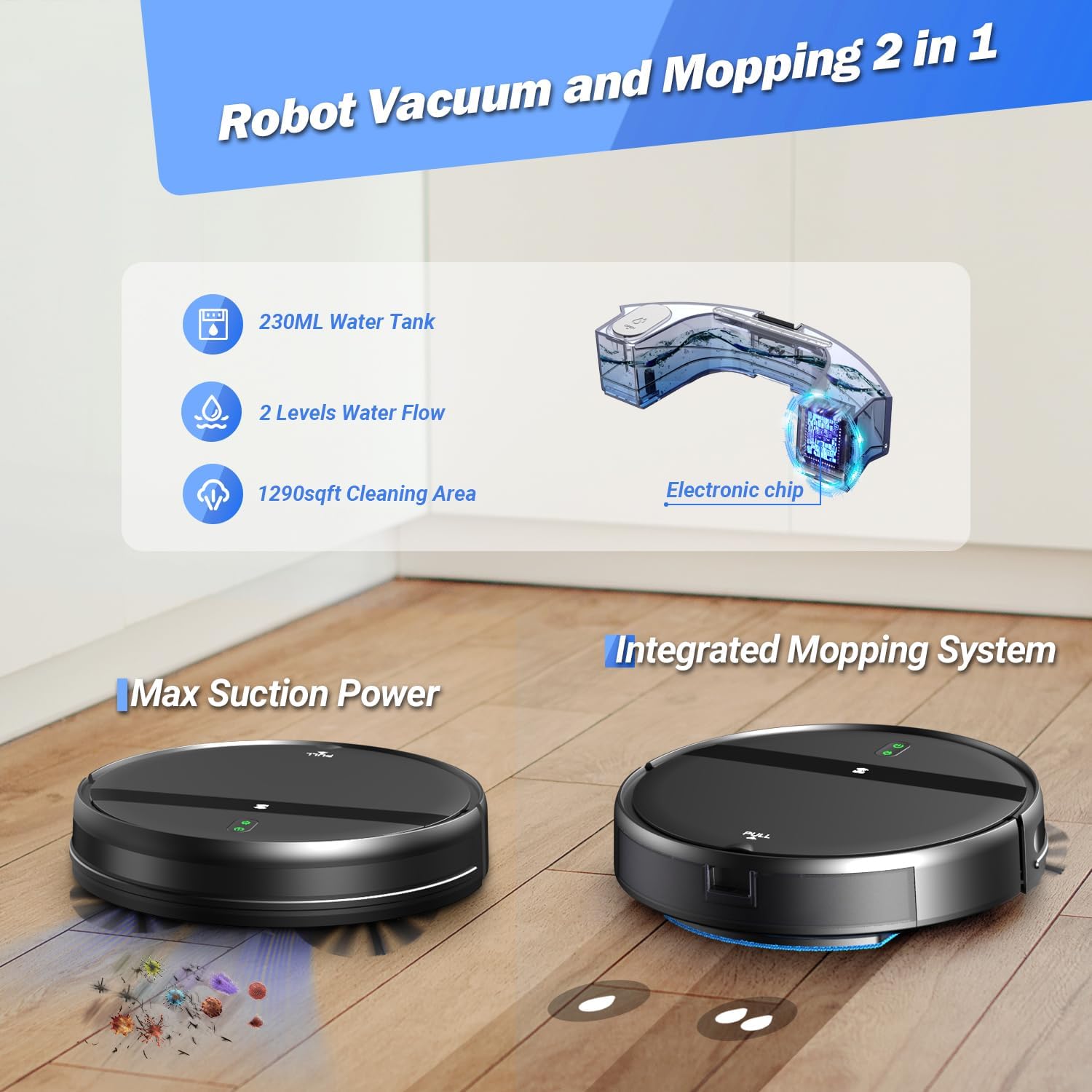 Kilgone Robotic Vacuum Cleaner 200mL Dustbin 230mL Tank for Hard Floors