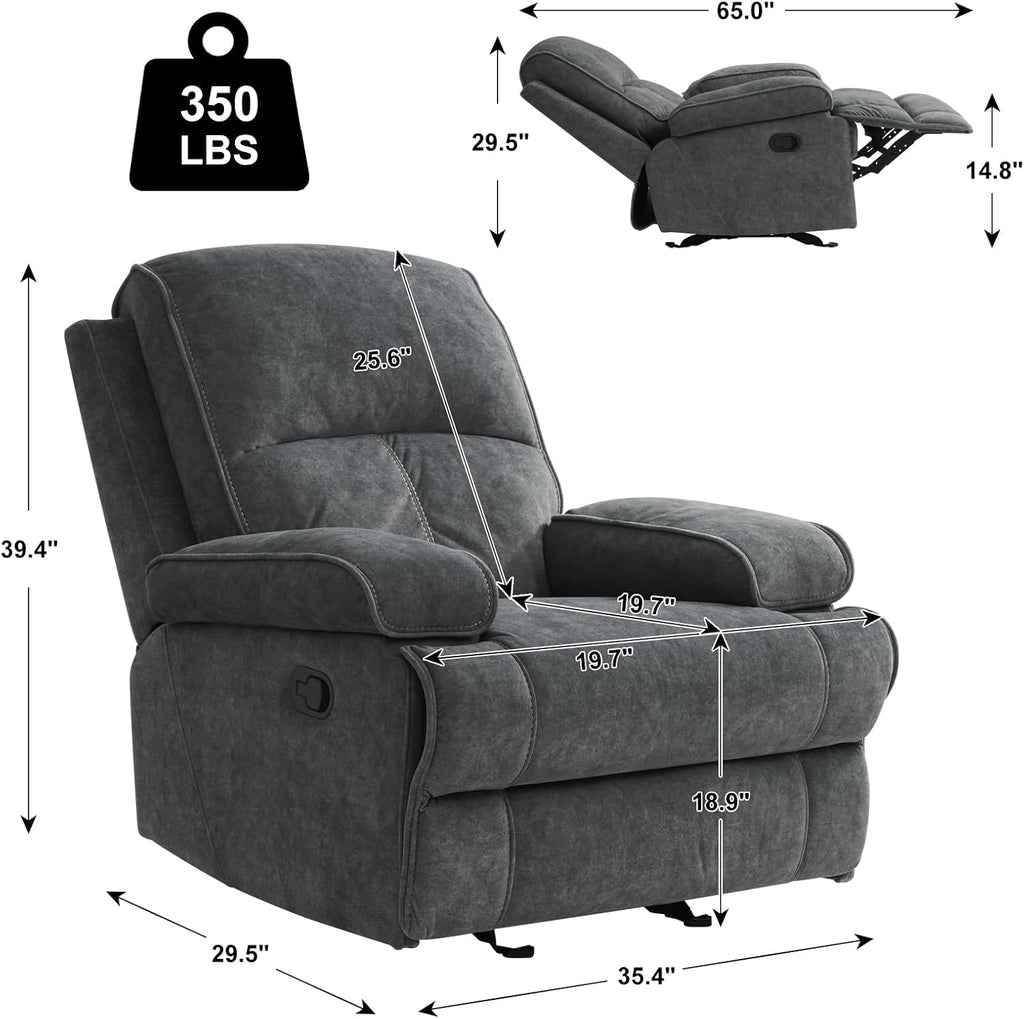 Manual Rocker Recliner Chair for Adults, High Back Glider with Deep Seat, Upholstered Fabric Armchair for Living Room & Nursery, Dark Grey