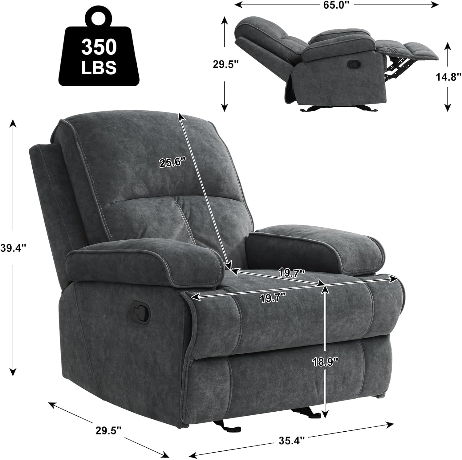 Manual Rocker Recliner Chair for Adults, High Back Glider with Deep Seat, Upholstered Fabric Armchair for Living Room & Nursery, Dark Grey