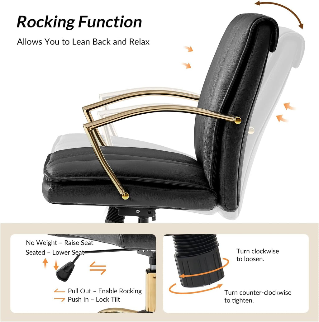 HULALA HOME Genuine Leather Home Office Desk Chair, Adjustable Swivel Computer Chair with Golden Legs and Arms, Comfy Upholstered Task Chair, Black