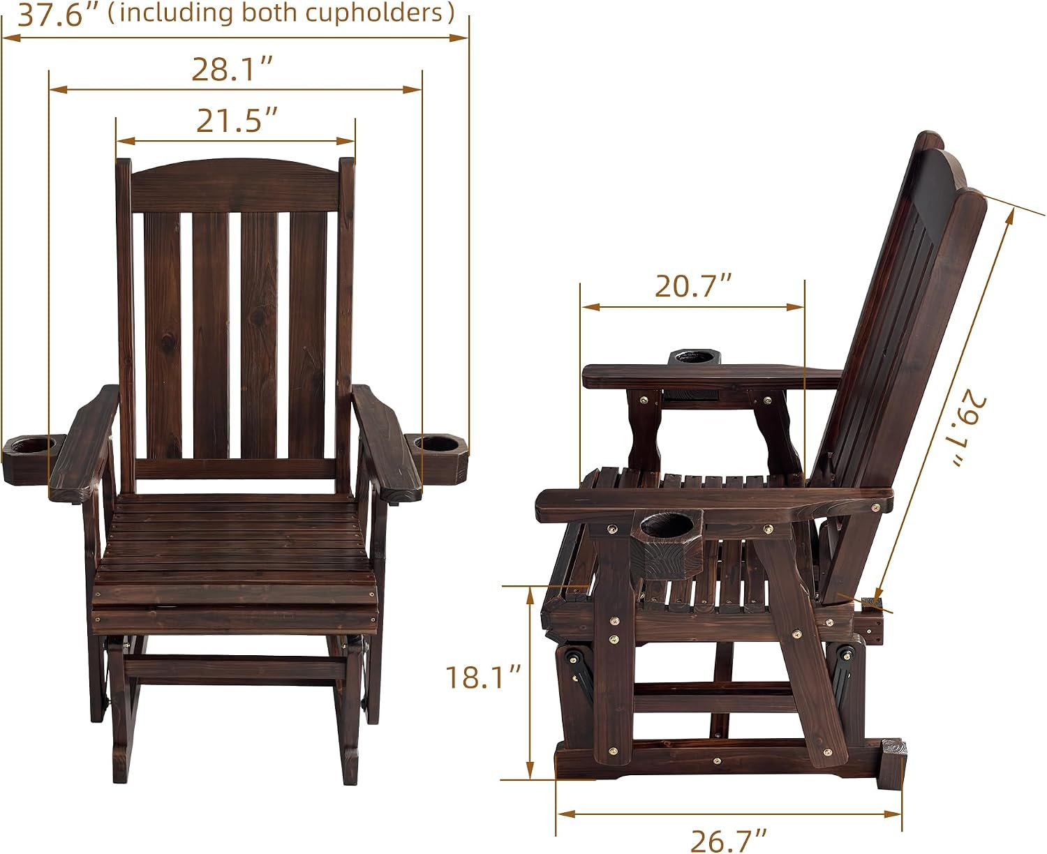 Fortune Candy Wooden Patio Glider for One Person, with High Back and Deep Contoured Seat, Solid Fir Wood, Heavy Duty 600 LBS (Deep Brown, 1-Seater)