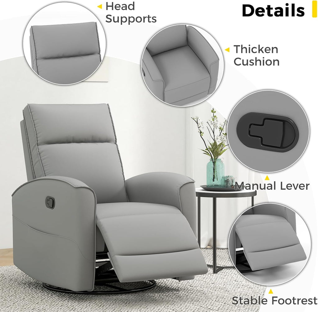 ANJ Manual Swivel Rocker Recliner, Glider Recliners with Padded Armrest and Backrest, Soft Faux Leather Nursery Rocking Recliner Chair Reclining Sofa for Living Room