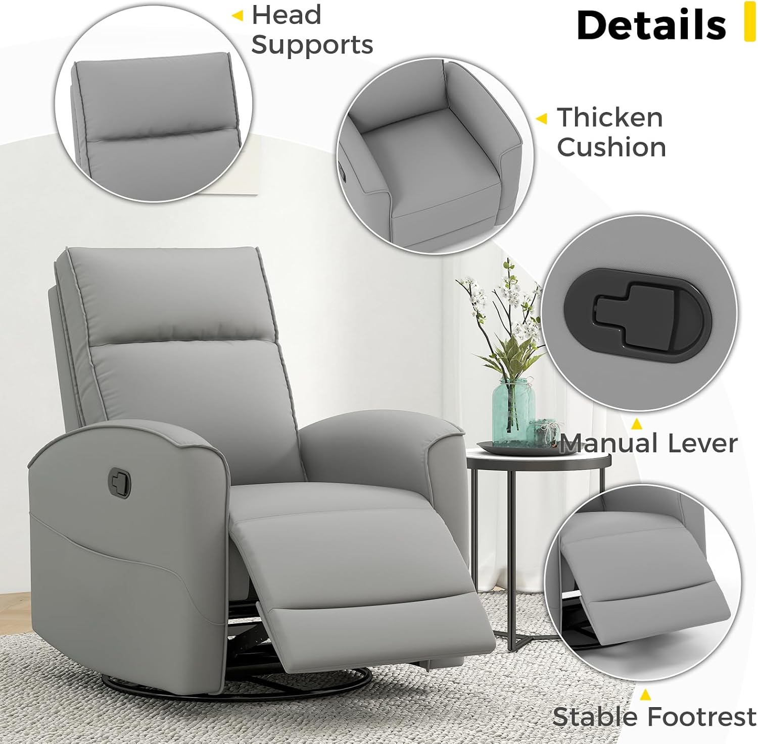 ANJ Manual Swivel Rocker Recliner, Glider Recliners with Padded Armrest and Backrest, Soft Faux Leather Nursery Rocking Recliner Chair Reclining Sofa for Living Room