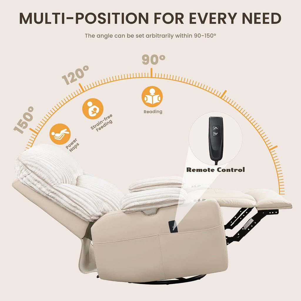 SUNWAVE Power Nursery Rocking Chair with Adjustable Armrests, Nursing Chair with USB, Cup Holders, Swivel Rocker Recliner with Corduroy and PU Leather Fabric