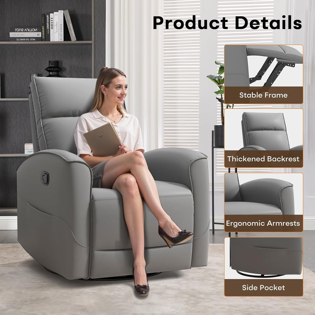 HAOMARKETS Swivel Rocker Recliner Chair, Manual Faux Leather Glider Rocking Recliners for Adults, 360° Swivel Nursery Reclining Sofa with Storage Pocket