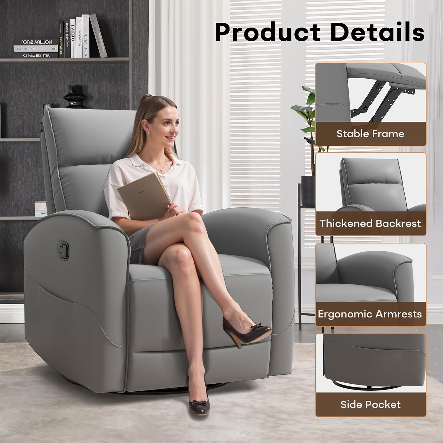 HAOMARKETS Swivel Rocker Recliner Chair, Manual Faux Leather Glider Rocking Recliners for Adults, 360° Swivel Nursery Reclining Sofa with Storage Pocket