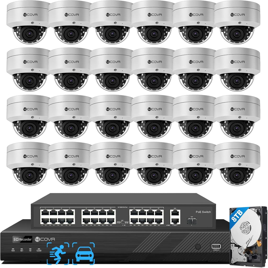 4COVR 32 Channel Security Camera System PoE with Mic, 24Pcs 5MP IK10 Vandal-Proof Dome IP Camera IP67, AI Human Vehicle Detection, 4K UHD NVR 8TB HDD, Commercial Surveillance Outdoor, LY54AX5M3224