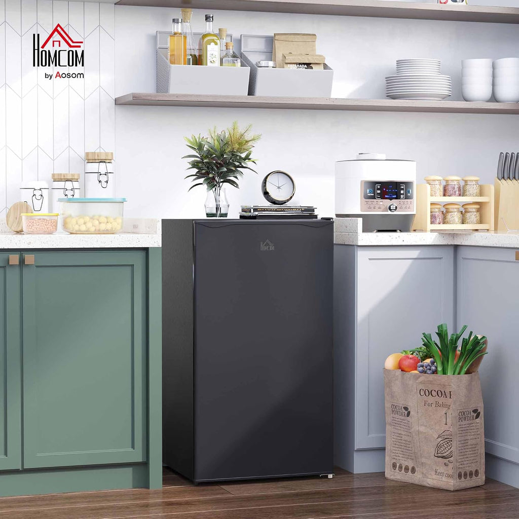 HOMCOM 3.2 Cu.Ft Mini Fridge with Freezer, Compact Refrigerator with Adjustable Thermostat, Shelf and Single Reversible Door for Bedroom, Dorm, Home Office, Energy Efficient, Black