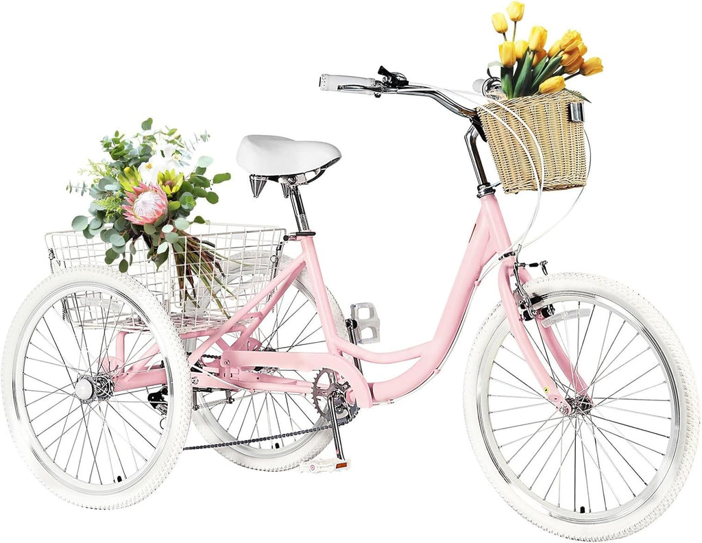 Adult Tricycles for Adults, 7 Speed Adult Trikes, 20/24/26 inch 3 Wheel Bike with Basket, Three-Wheeled Cruiser Bicycles for Women and Men, Without Fenders