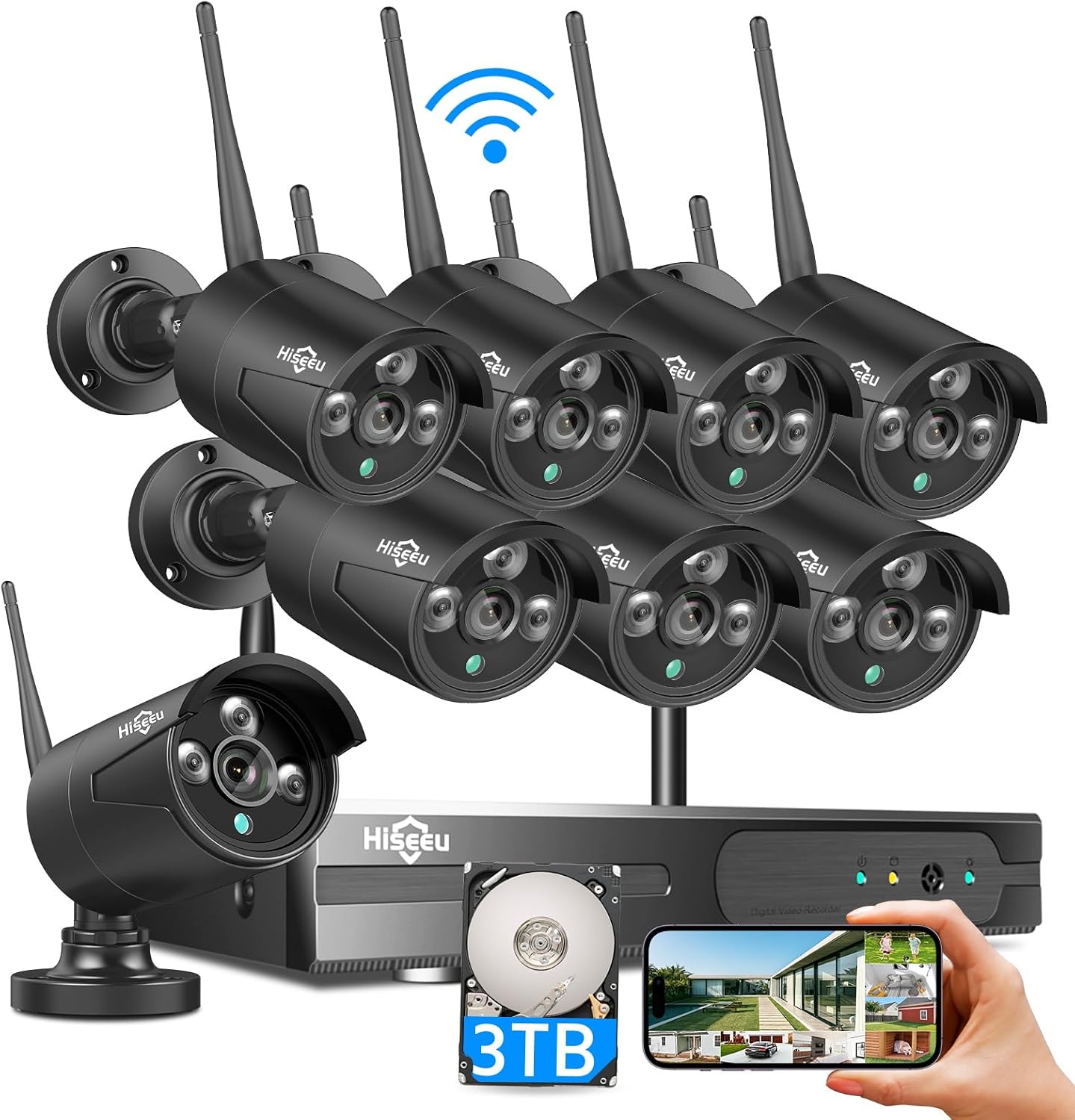 Hiseeu Wireless Security Camera System, 16CH NVR 5MP Outdoor WiFi Cameras, 8-Cam Kit, Plug-in Home Security System, Motion Detection, IP66, 3TB HDD, No Monthly Fees