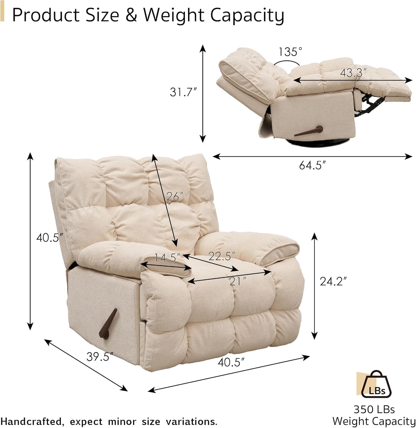 SITJOY Oversized Power Swivel Rocker Recliner Chair, Overstuffed Extra Wide Rocking Chair for Big and Tall, Glider Recliner Nursery Chair, Soft Breathable Fabric in Beige, Manual