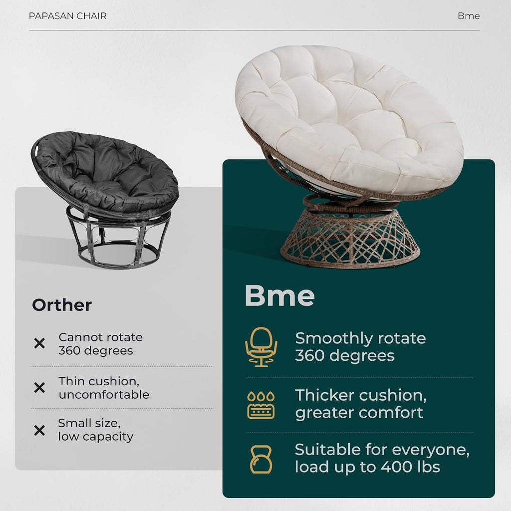Bme 40' Ergonomic Wicker Papasan Chair with Soft Thick Density Fabric Cushion, High Capacity Steel Frame, 360 Degree Swivel for Living, Bedroom, Reading Room, Lounge