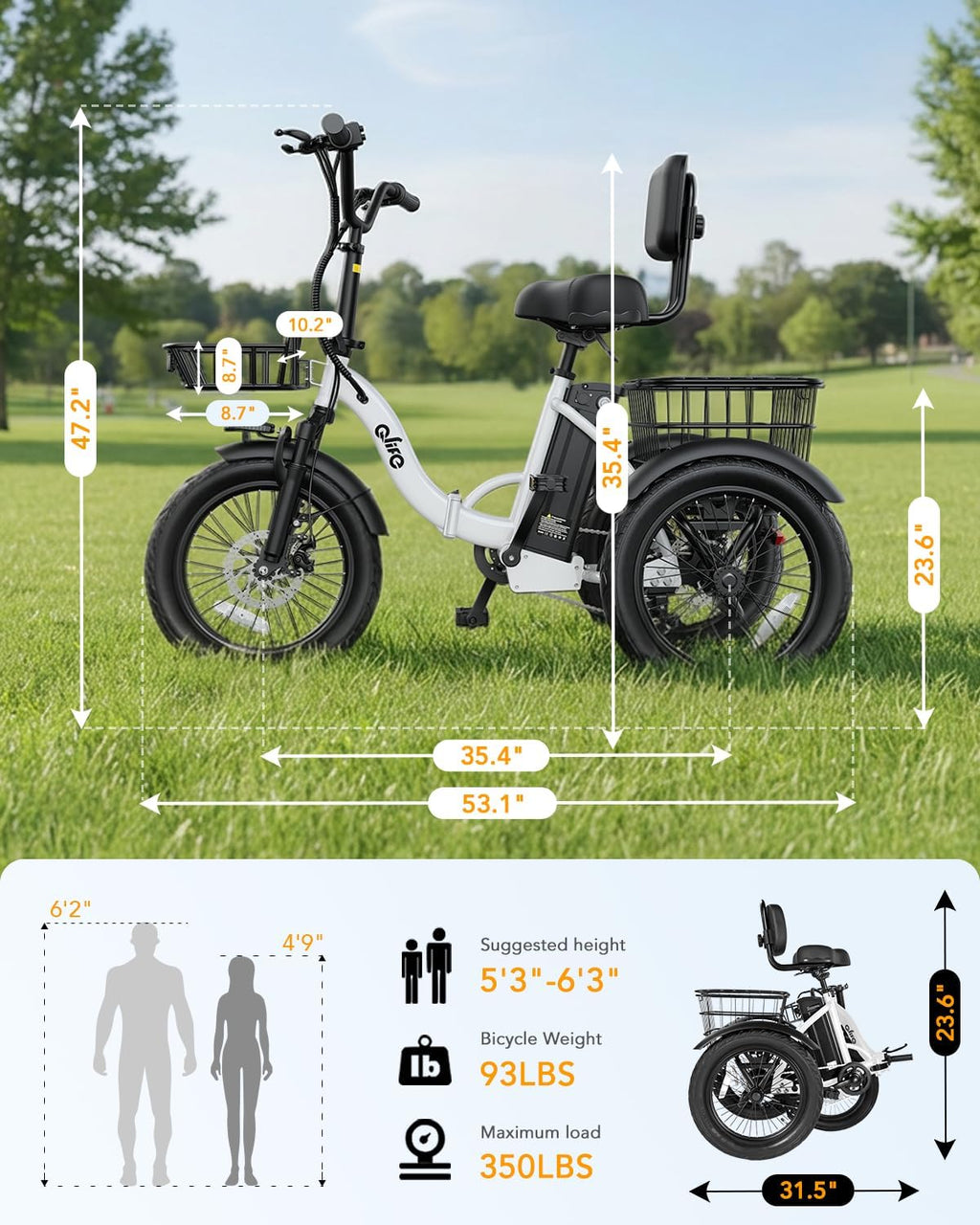 Qlife Triker Electric Bike, Peak 1200W Brushless Motor Folding Trike Ebike, 499Wh Removable Battery, Step-Thru 3 Wheel Electric Bicycle, Up to 55 Miles, 18 Tire Tricycle for Adults