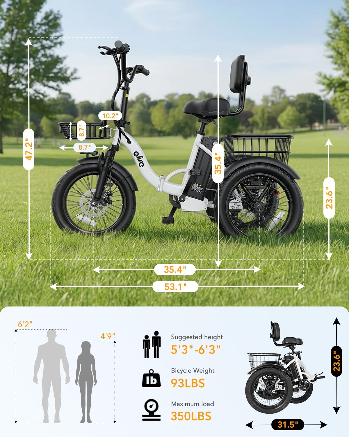 Qlife Triker Electric Bike, Peak 1200W Brushless Motor Folding Trike Ebike, 499Wh Removable Battery, Step-Thru 3 Wheel Electric Bicycle, Up to 55 Miles, 18 Tire Tricycle for Adults