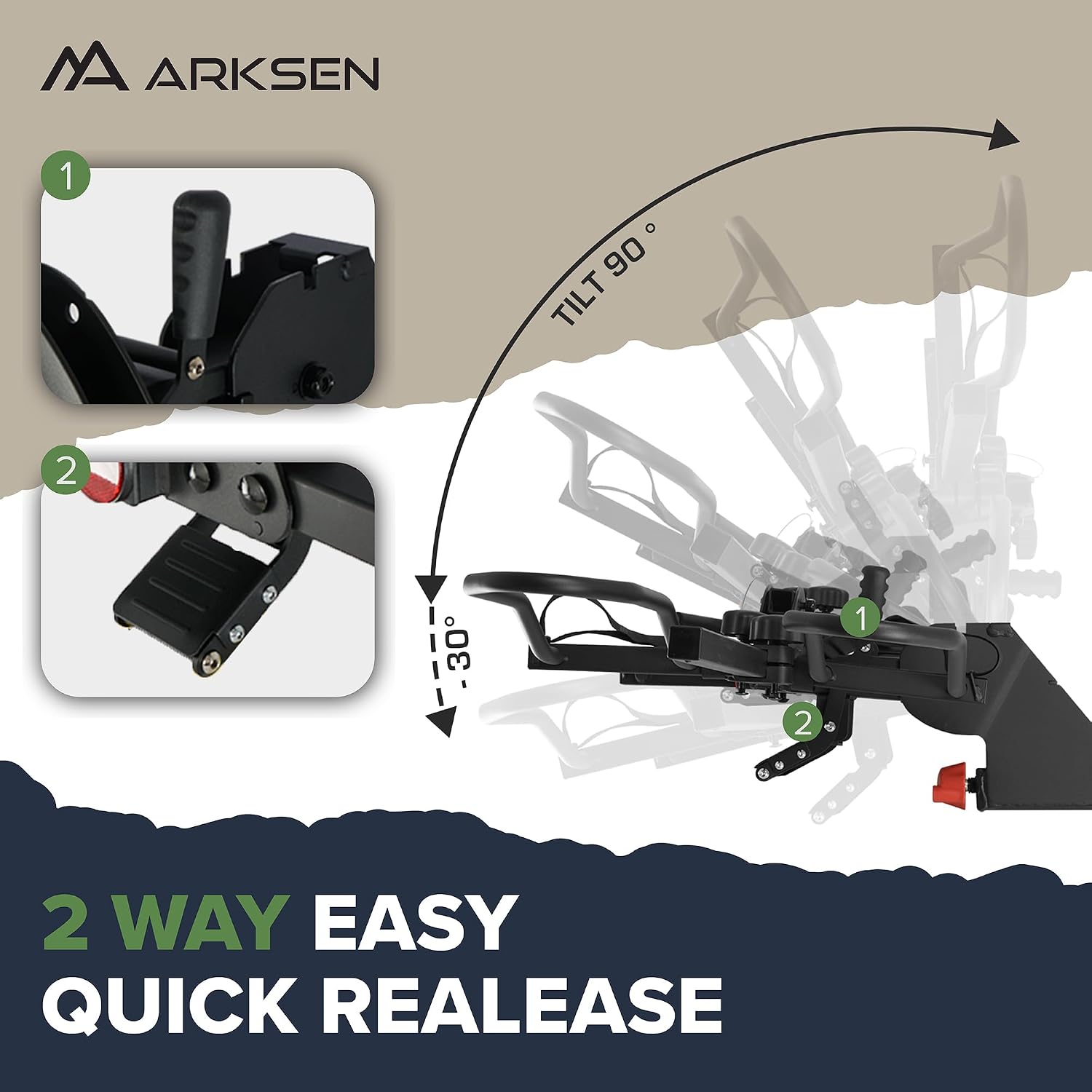 ARKSEN Bike Rack Hitch for Car, SUV & Truck, 2-Bike Hitch Mount Foldable Platform Rack w/Smart Tilt, Holds Electric Bikes up to 80 lbs Each (160 lbs Total), Fits 2' Receiver, for Fat Tire & Standard
