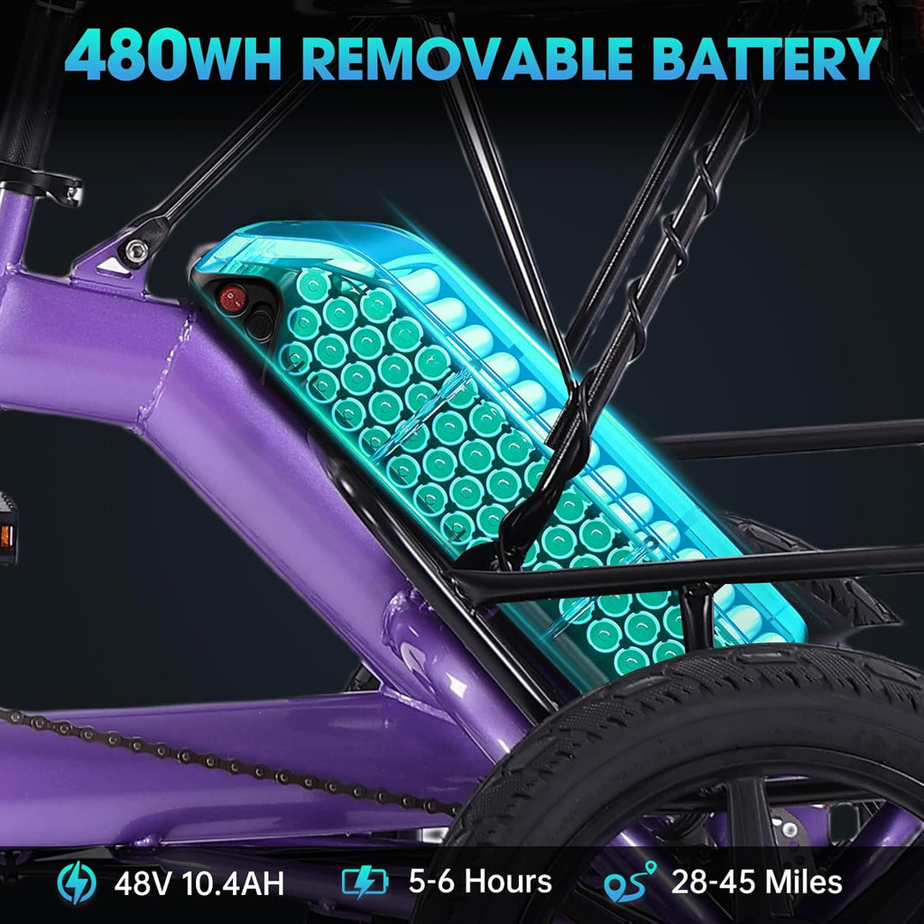 E Trike Electric Bike, 350W(Peak 500W) Brushless Motor Folding Trike, 2 Seats Ebike, 480Wh Removable Battery, Step-Thru 3 Wheel Electric Bicycle, Up to 45 Miles, Tricycle for Adults Parents
