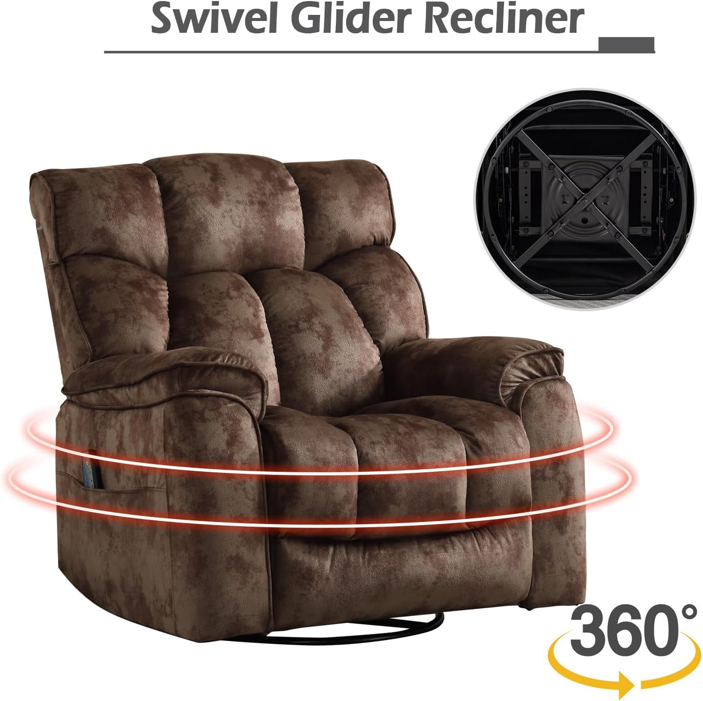 INZOY Oversized Rocker Recliner with Heat and Vibration, Manual Swivel Rocking Chair with Vibrating Massage, Comfy Padded Overstuffed Soft Fabric Heated Recliner, Brown