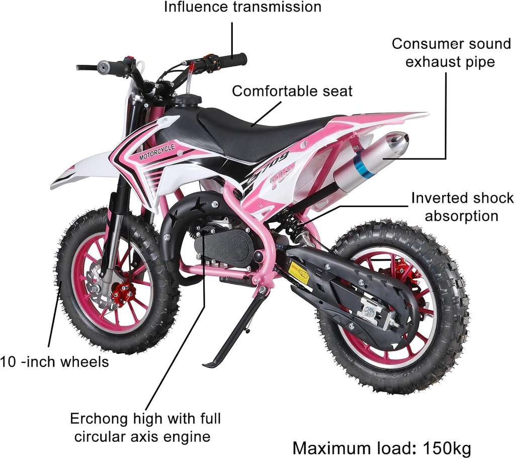 50cc Kids Dirt Bike 2-Stroke, Gas Power Motorcycle Off Road Motocross Gas Dirt Bike with Front Rear Disc Brakes for Beginner Motocross Bikes for Kids 8-12 (Max 30KM/H 150KG Load) Pink