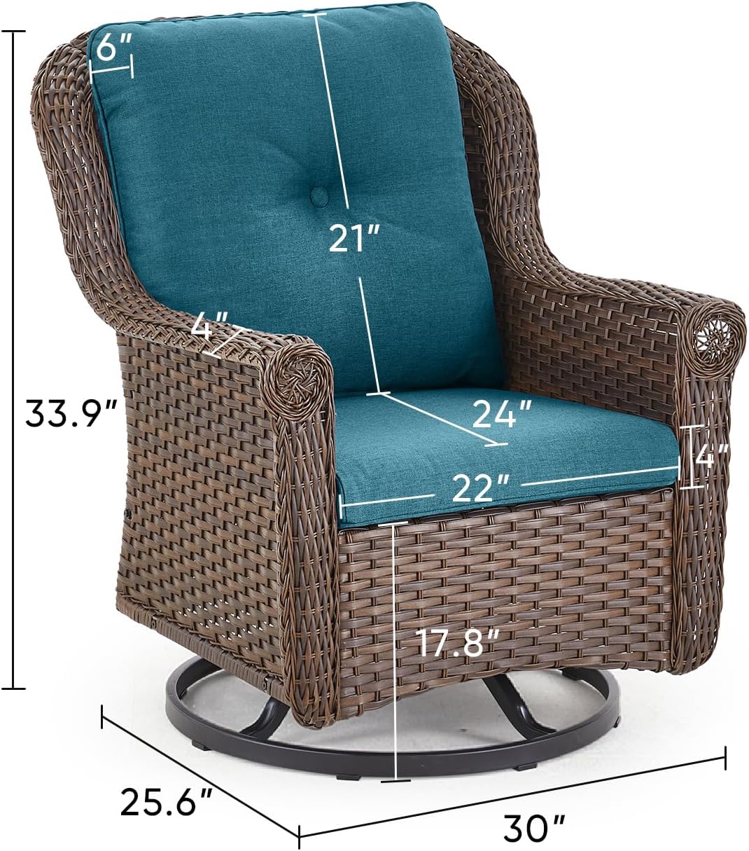Patio Chairs Outdoor Swivel Glider - Set of 2 High Back Outside Brown Wicker Rattan Rocking Chair with Zippered Cushion for Porch Apartment Deck Yard Poolside Garden - Peacock Blue