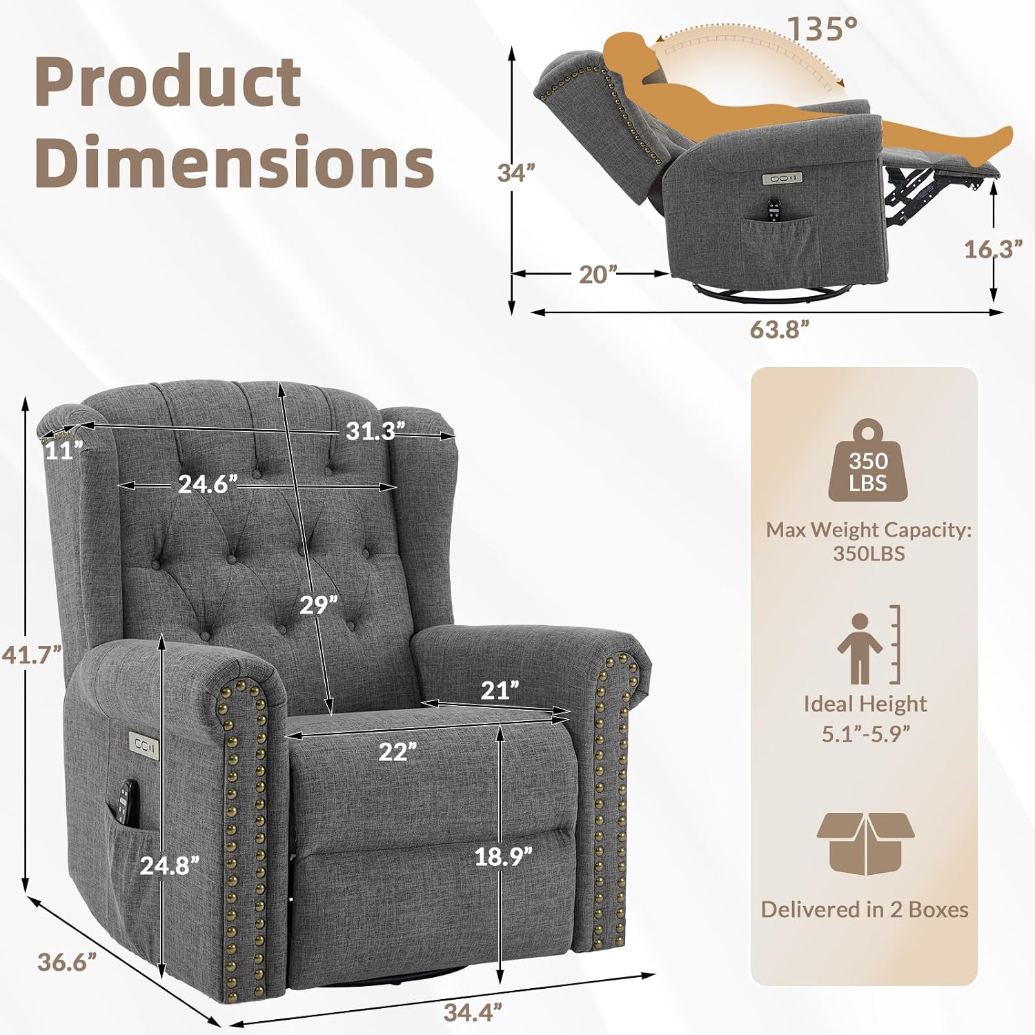 Power Swivel Rocking Glider Recliner Chair with Massage and Heat, Electric Nursery Glider Rocker for Living Room, Wingback Tufted Upholstered Recliner Chair with Type-C & USB Ports, Grey