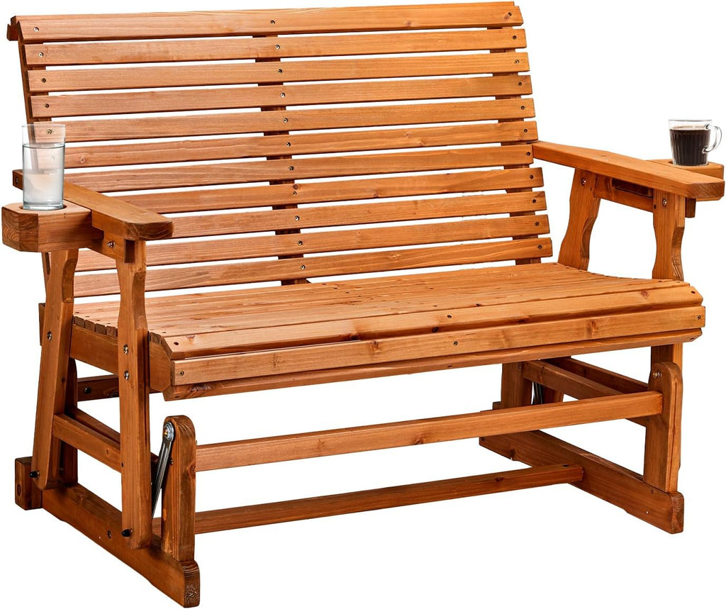 VINGLI Wooden Patio Glider, Heavy Duty 800 LBS Outdoor Glider with Cup Holders, 4 FT Wooden Glider Bench with High Backrest for Garden, Yard, Patio, Teak