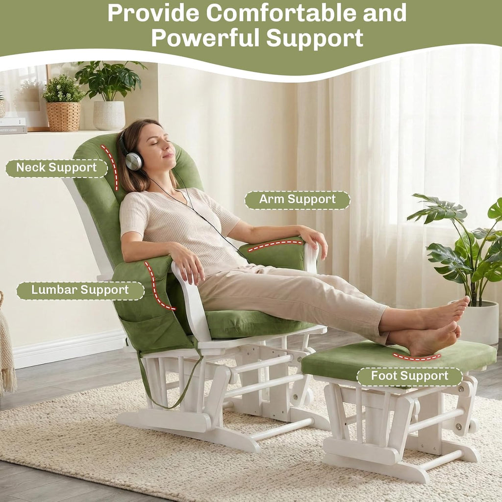 5PCS Suede Glider Rocker Replacement Cushions with 29.5' High Backrest & Side Pockets, Thickened Soft Glider Rocking Chair Cushions with Ottoman Cushion for Indoor Nursery Rocking Chair, Green