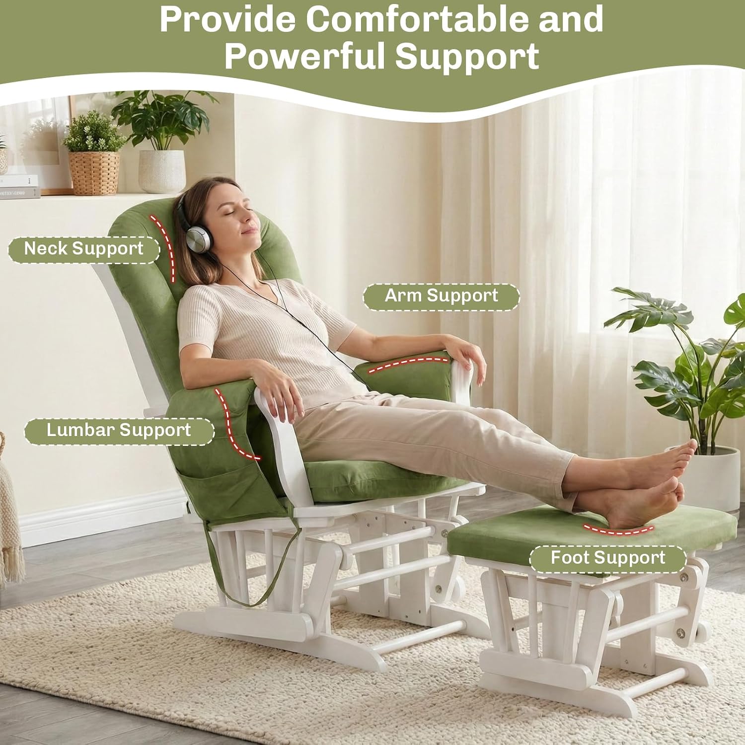 5PCS Suede Glider Rocker Replacement Cushions with 29.5' High Backrest & Side Pockets, Thickened Soft Glider Rocking Chair Cushions with Ottoman Cushion for Indoor Nursery Rocking Chair, Green