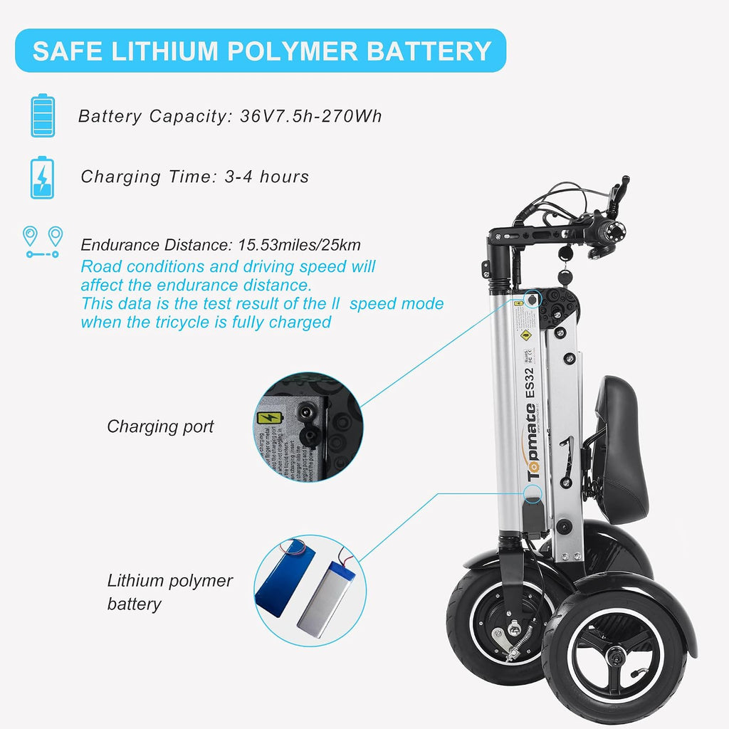 TopMate ES32 Electric Scooter 3 Wheels Foldable with Seat for Adults, Light Weight Mobility with Reverse Function and Key Switch, 10 Inch Pneumatic Tires Scooter