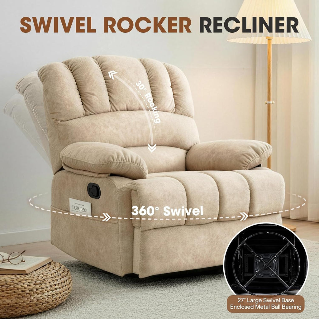 COOSLEEP Oversized Manual Swivel Rocker Recliner Chair, Extra Wide Glider Rocker Recliner for Big and Tall, Overstuffed Lazy Recliner Chair with High Back, Single Sofa Chair for Living Room(Beige)
