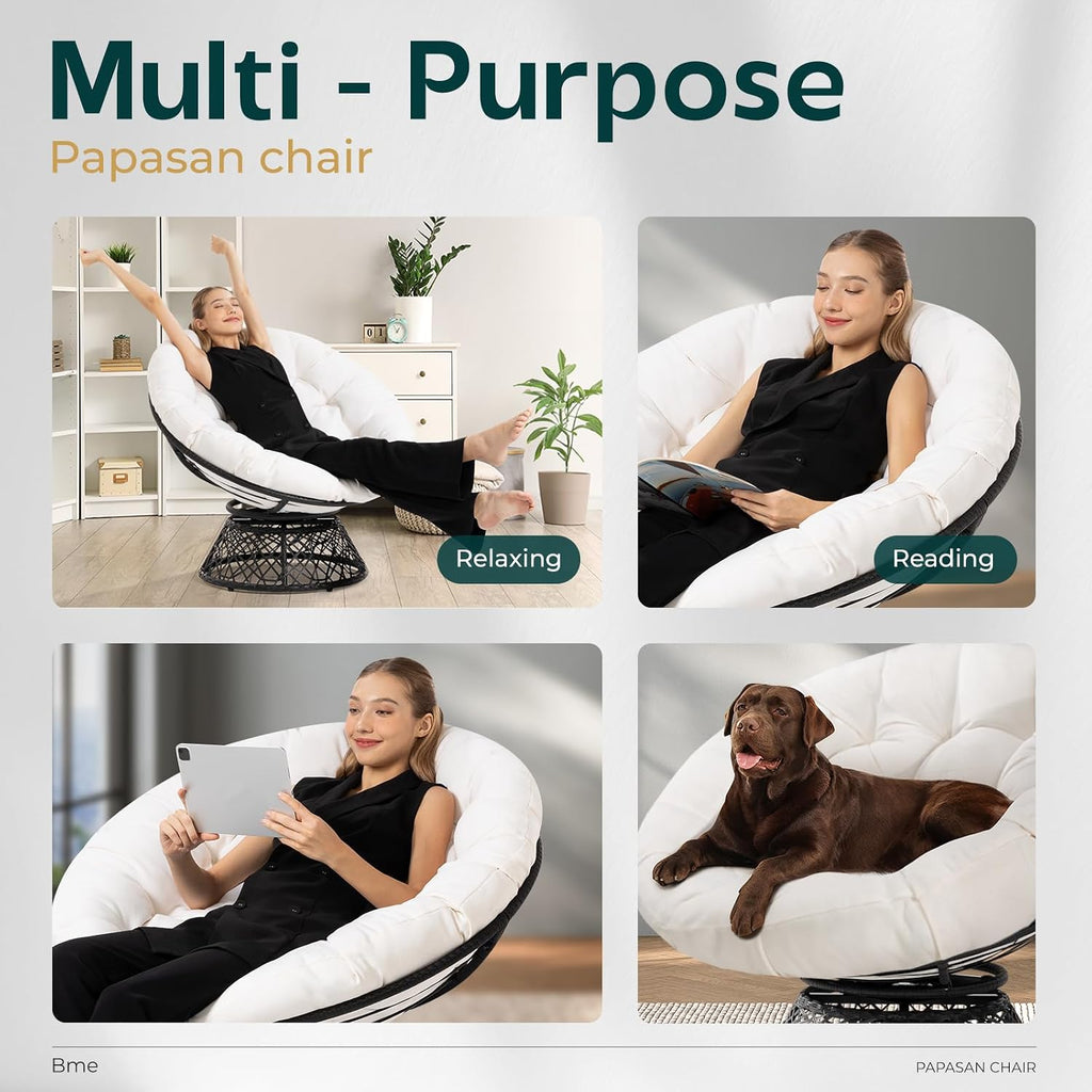 Bme 40' Ergonomic Wicker Papasan Chair with Soft Thick Density Fabric Cushion, High Capacity Steel Frame, 360 Degree Swivel for Living, Bedroom, Reading Room, Lounge