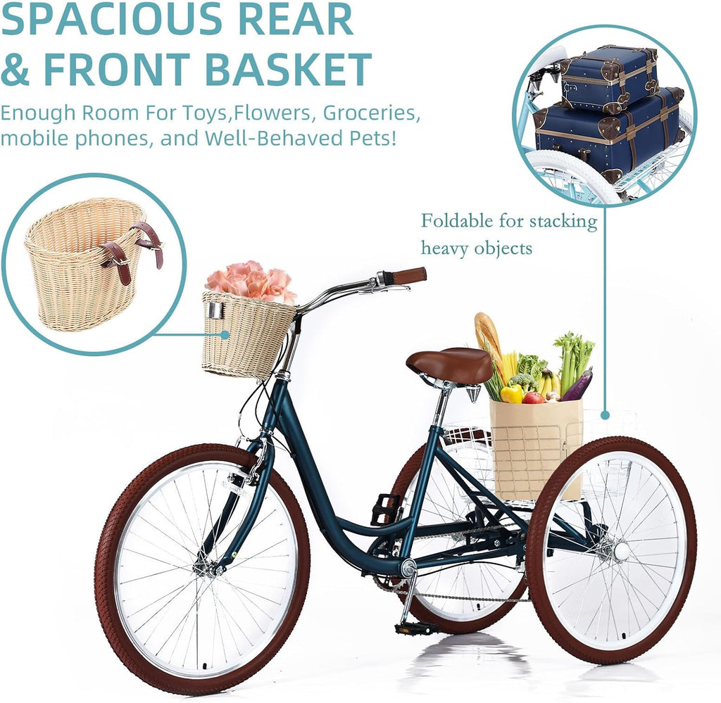 Adult Tricycles for Adults, 7 Speed Adult Trikes, 20/24/26 inch 3 Wheel Bike with Basket, Three-Wheeled Cruiser Bicycles for Women and Men, Without Fenders
