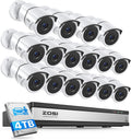 ZOSI 16CH Security Camera System with 4TB Hard Drive, 16 x 1080P Wired Metal Surveillance Weatherproof Cameras with Audio, AI Person/Vehicle Detection, Night Vision, 24/7 Recording for Commercial