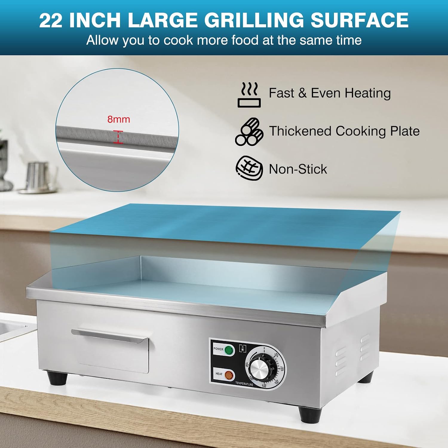 IRONWALLS Commercial Electric Griddle 22', 3000W Electric Flat Top Griddle Grill Indoor with 122~572℉ Adjustable Temperature Control, Non-stick Stainless Steel Teppanyaki Grill for Restaurant, Hotel