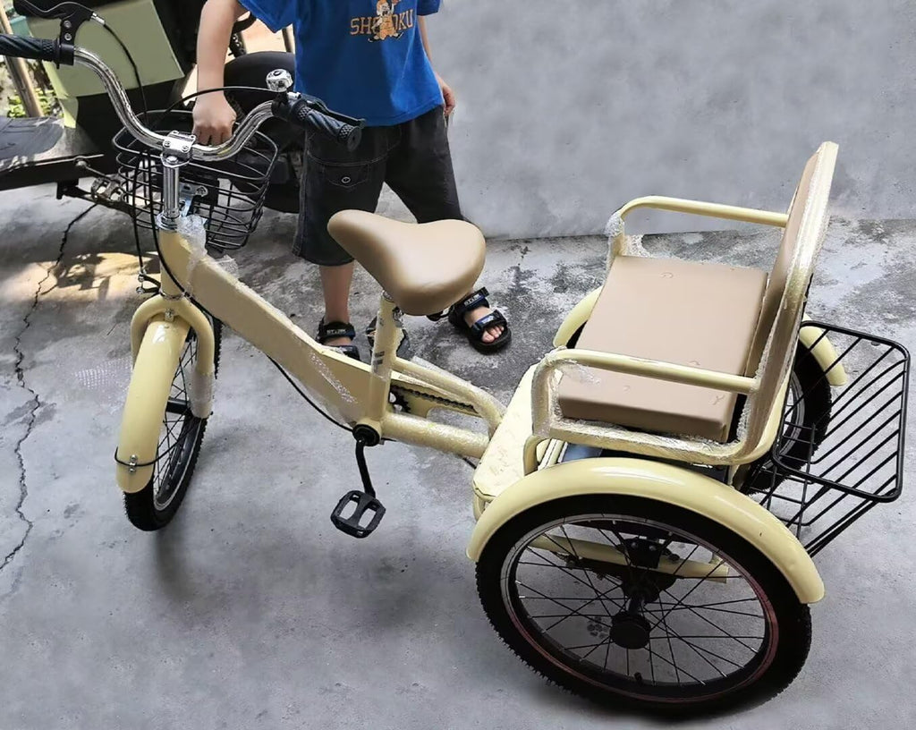 3 Wheels Bicycle,Rickshaw Tricycle with Pedals,Tandem Trike with Back seat,seat with Belt and armrest,Front and Rear Wheel Brakes,Outdoor Cruiser Bike,Pneumatic tire Spoke Wheels
