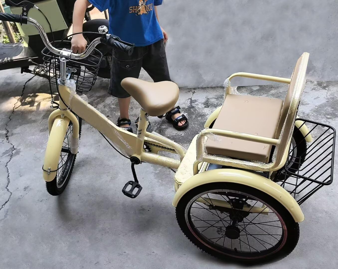 3 Wheels Bicycle,Rickshaw Tricycle with Pedals,Tandem Trike with Back seat,seat with Belt and armrest,Front and Rear Wheel Brakes,Outdoor Cruiser Bike,Pneumatic tire Spoke Wheels
