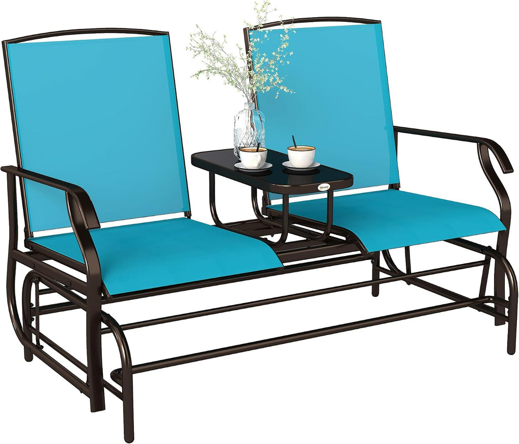 Outsunny Outdoor Glider Bench with Center Table, Metal Frame Patio Loveseat with Breathable Mesh Fabric and Armrests for Backyard Garden Porch, Blue