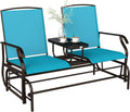 Outsunny Outdoor Glider Bench with Center Table, Metal Frame Patio Loveseat with Breathable Mesh Fabric and Armrests for Backyard Garden Porch, Blue