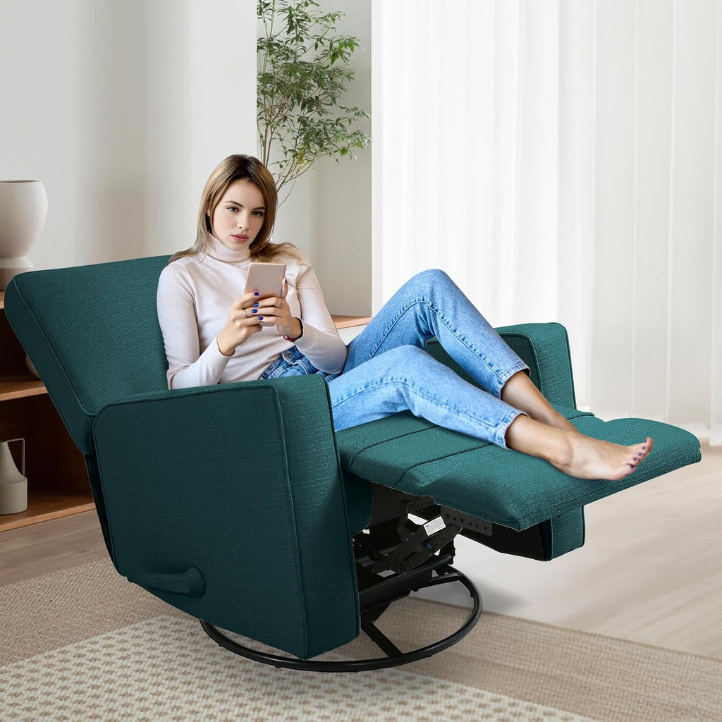 Swivel Rocker Recliner Chair for Adults, High Back Fabric Recliner with Deep Seat, Manual Glider for Living Room & Nursery, Green