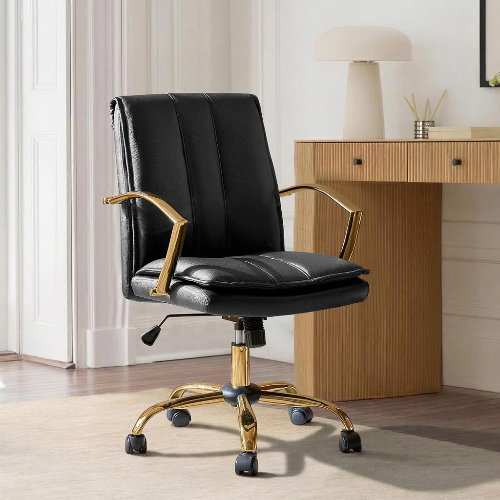 HULALA HOME Genuine Leather Home Office Desk Chair, Adjustable Swivel Computer Chair with Golden Legs and Arms, Comfy Upholstered Task Chair, Black