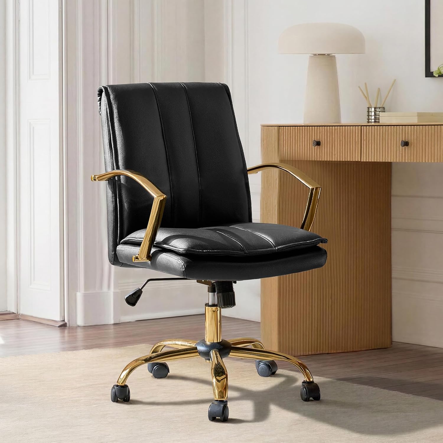 HULALA HOME Genuine Leather Home Office Desk Chair, Adjustable Swivel Computer Chair with Golden Legs and Arms, Comfy Upholstered Task Chair, Black