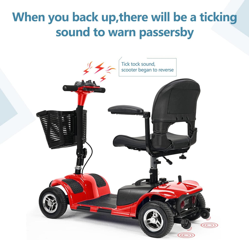 4 Wheel Mobility Scooters for Adults，Collapsible Compact Electric Scooter，Heavy Duty Powered Mobile Wheelchair Device with Lights，Basket and Long-Lasting Battery（Red）