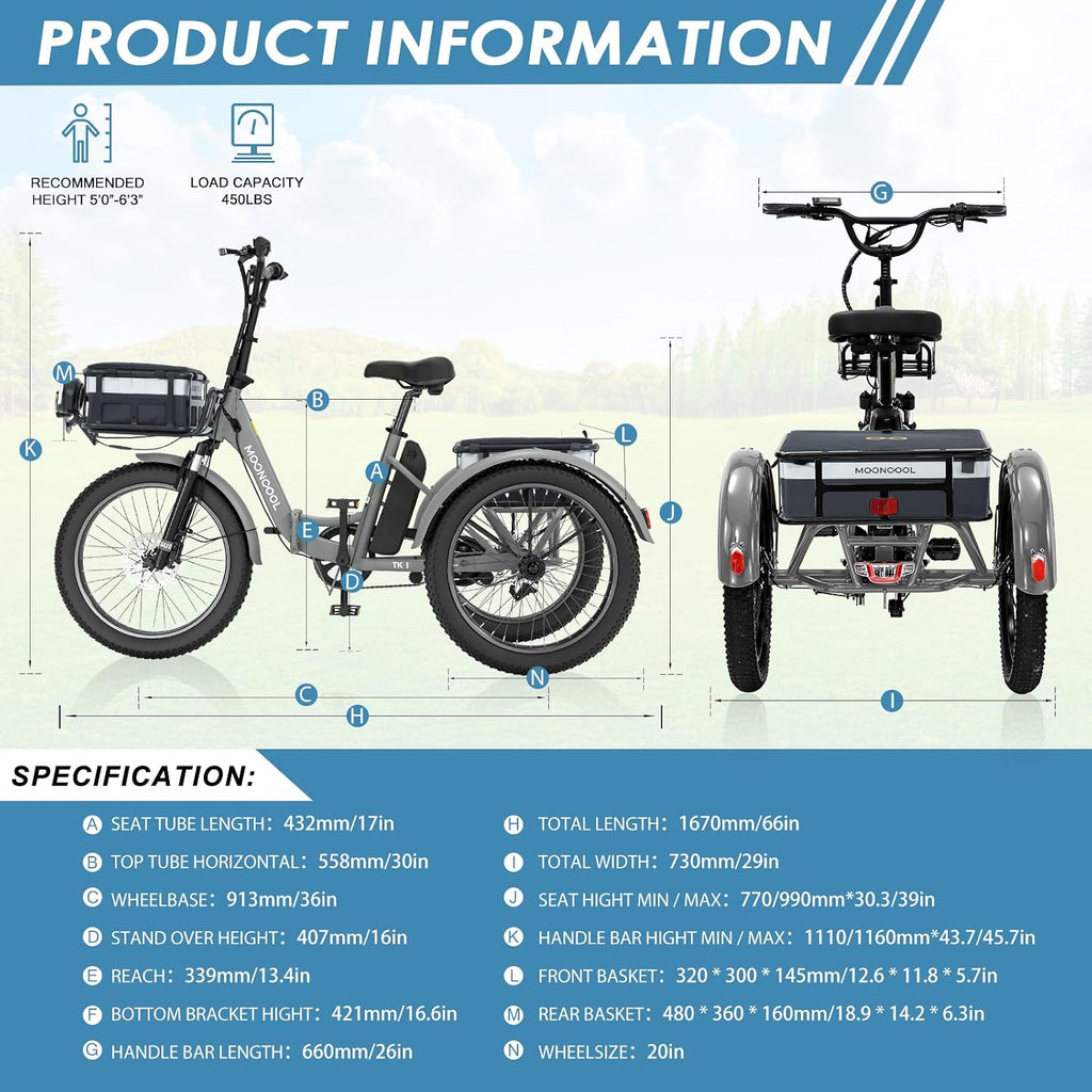 MOONCOOL Folding Electric Tricycle for Adults, 48V 500W 3 Wheels Electric Trike, Aluminum Frame Electric Tricycle Adult Bicycle with Removable Battery, Storage Bags Included