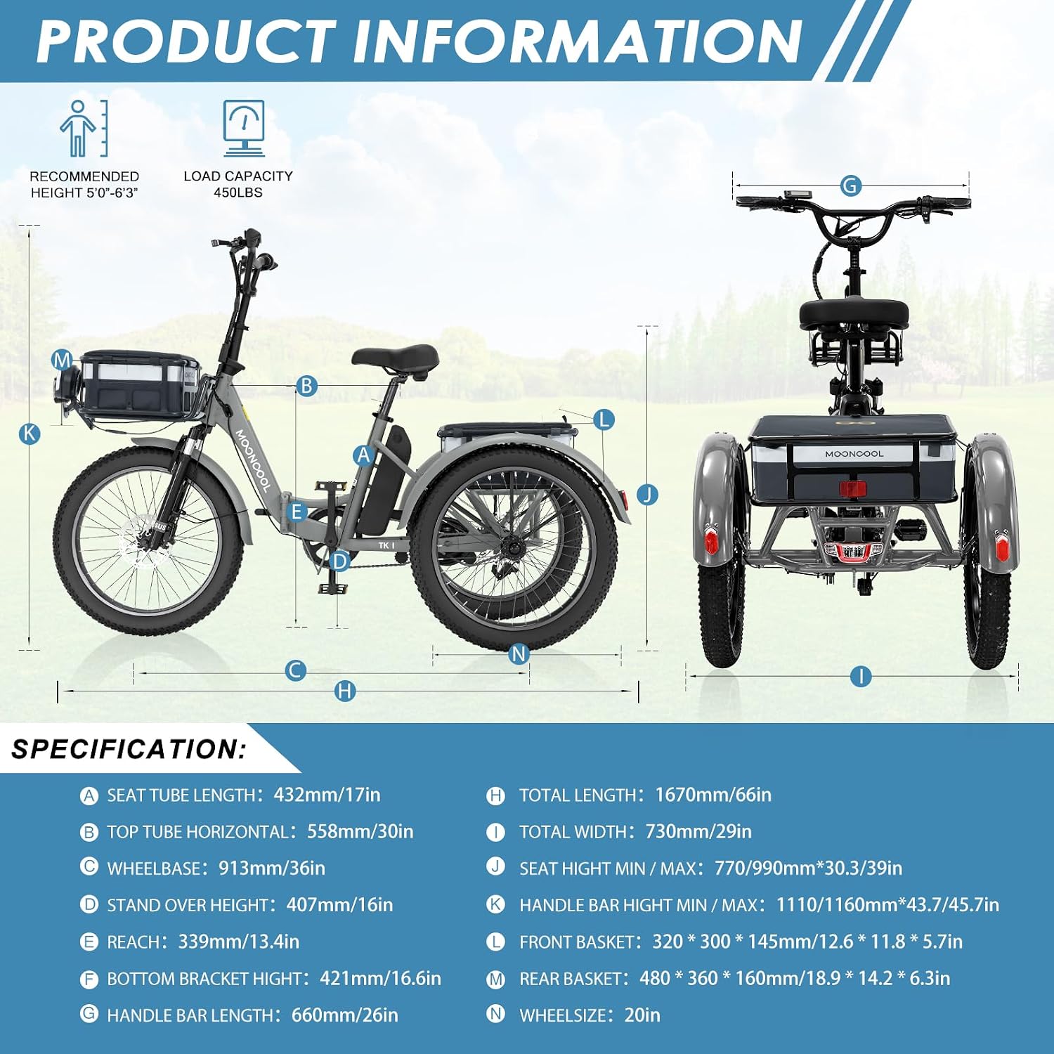 MOONCOOL Folding Electric Tricycle for Adults, 48V 500W 3 Wheels Electric Trike, Aluminum Frame Electric Tricycle Adult Bicycle with Removable Battery, Storage Bags Included
