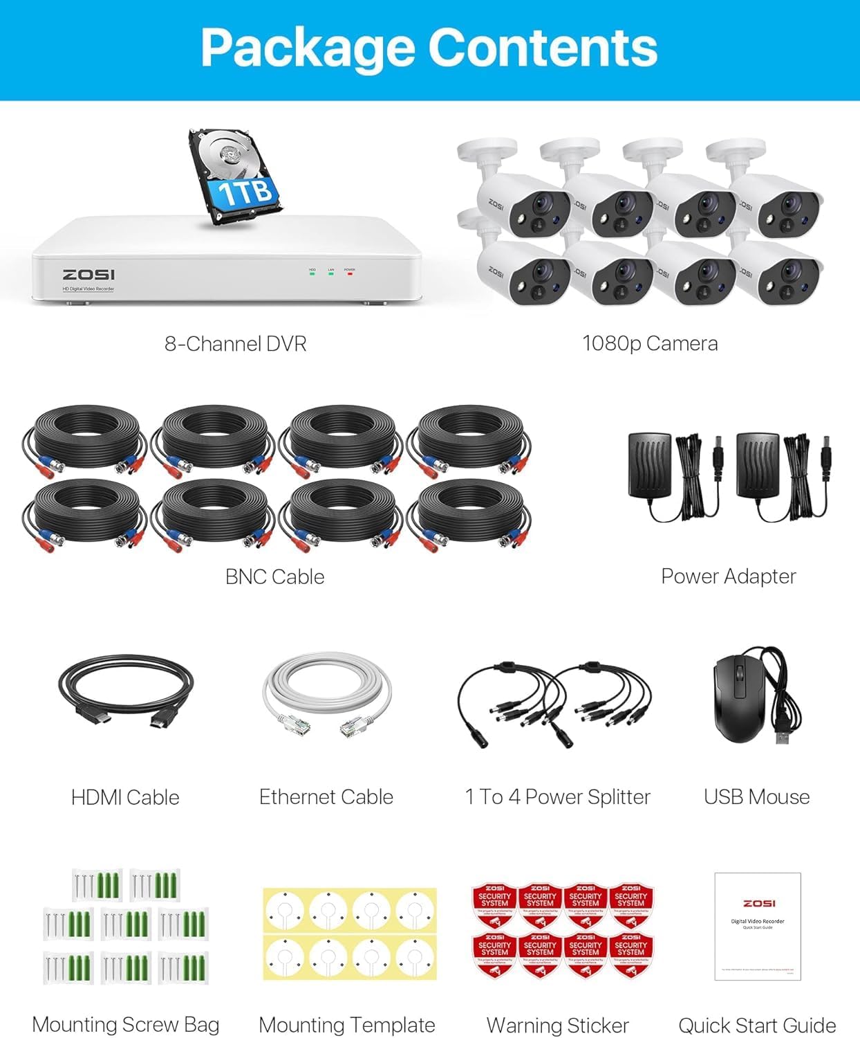 ZOSI 3K Lite Security Camera System with AI Human Vehicle Detection, 8Pcs 1920TVL 2MP Home CCTV Cameras Indoor Outdoor, Night Vision, One-Way Audio, H.265+ 8CH DVR with 1TB HDD for 24/7 Recording