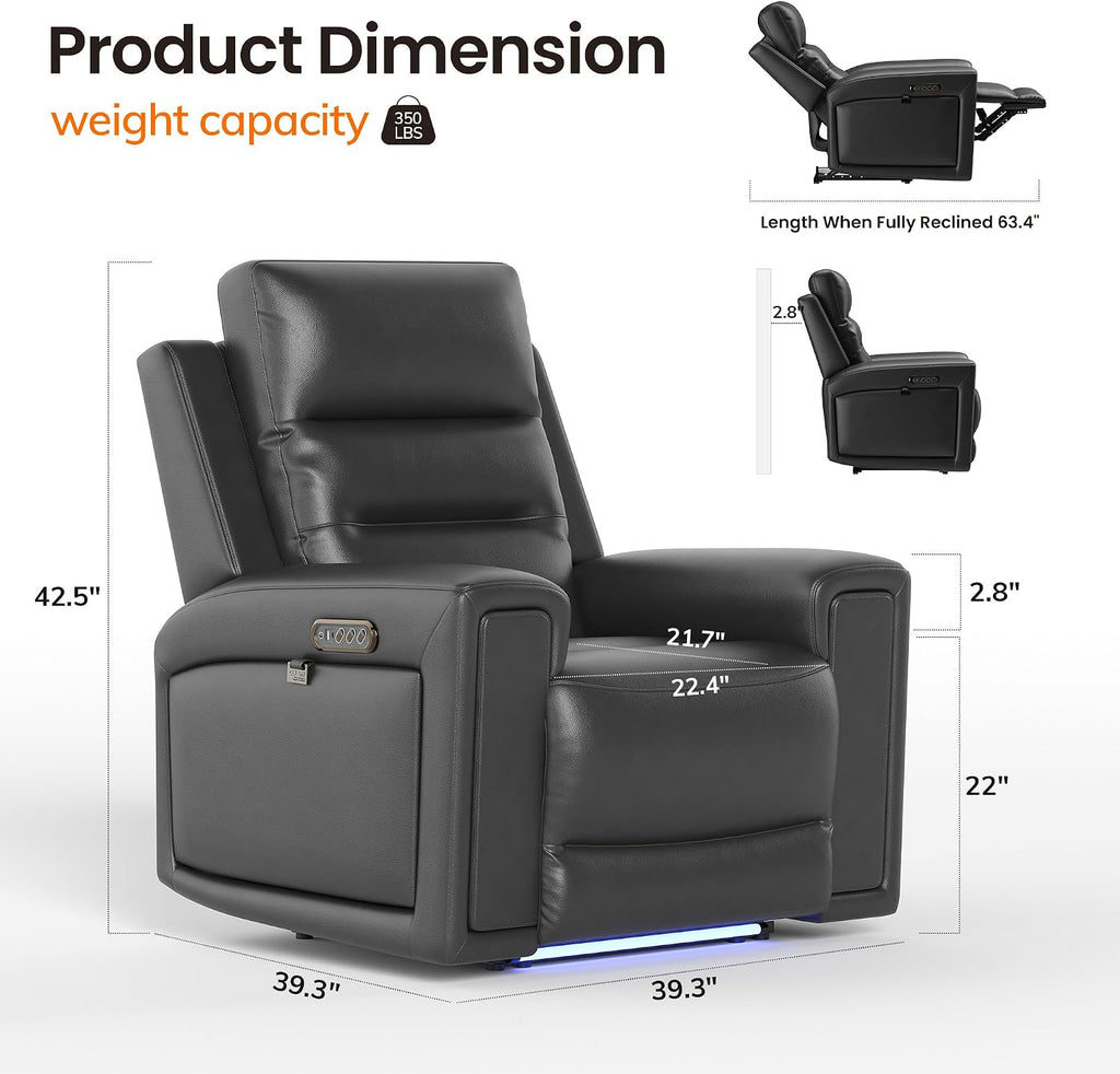 COLAMY Triple Motors Power Recliner Chair, Leather Wall Hugger Reclining Sofa for Home Theater, Nursery, Independent Headrest & Lumbar Support, Overstuffed Seating with USB Ports & LED,Black