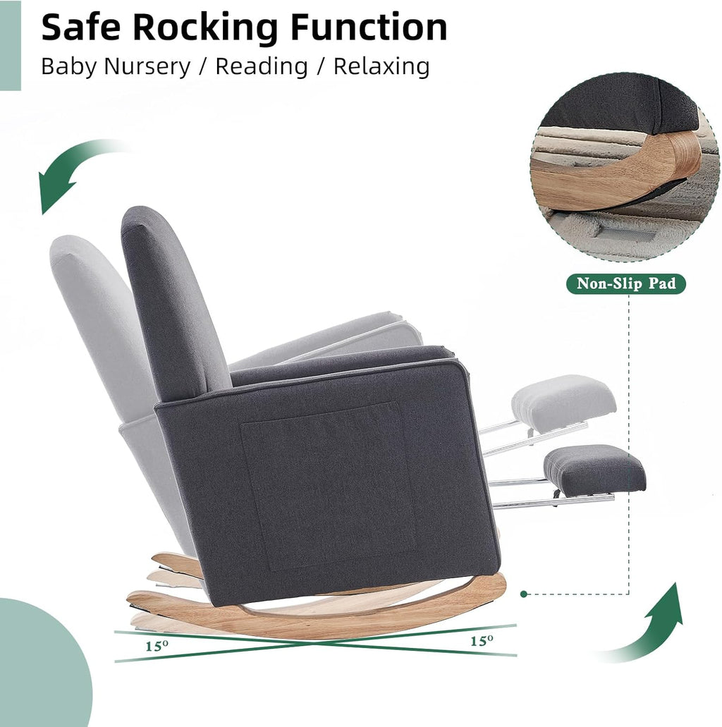 Rocking Chair Nursery with Foot Rest, Nursing Rocking Chair with High Backrest, Glider Rocker Chair for Living Room, Bedroom, Nursery(Cotton Linen Dark Gray)