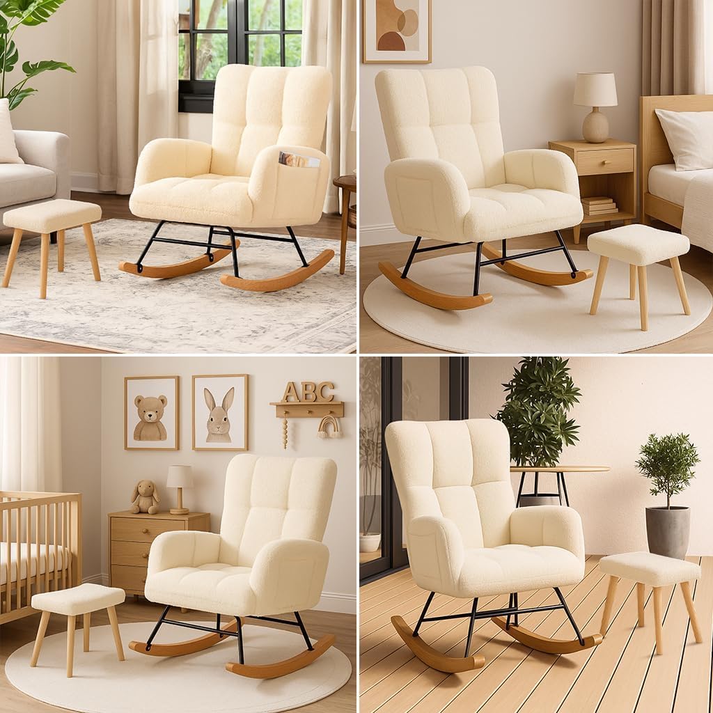 COMHOMA Nursery Rocking Chair with Ottoman,Teddy Glider Rocking Chair,Accent Chair with High Backrest Reading Chair for Adult,Nursery,Bedroom,Living Room,Offices(Beige with Ottoman)