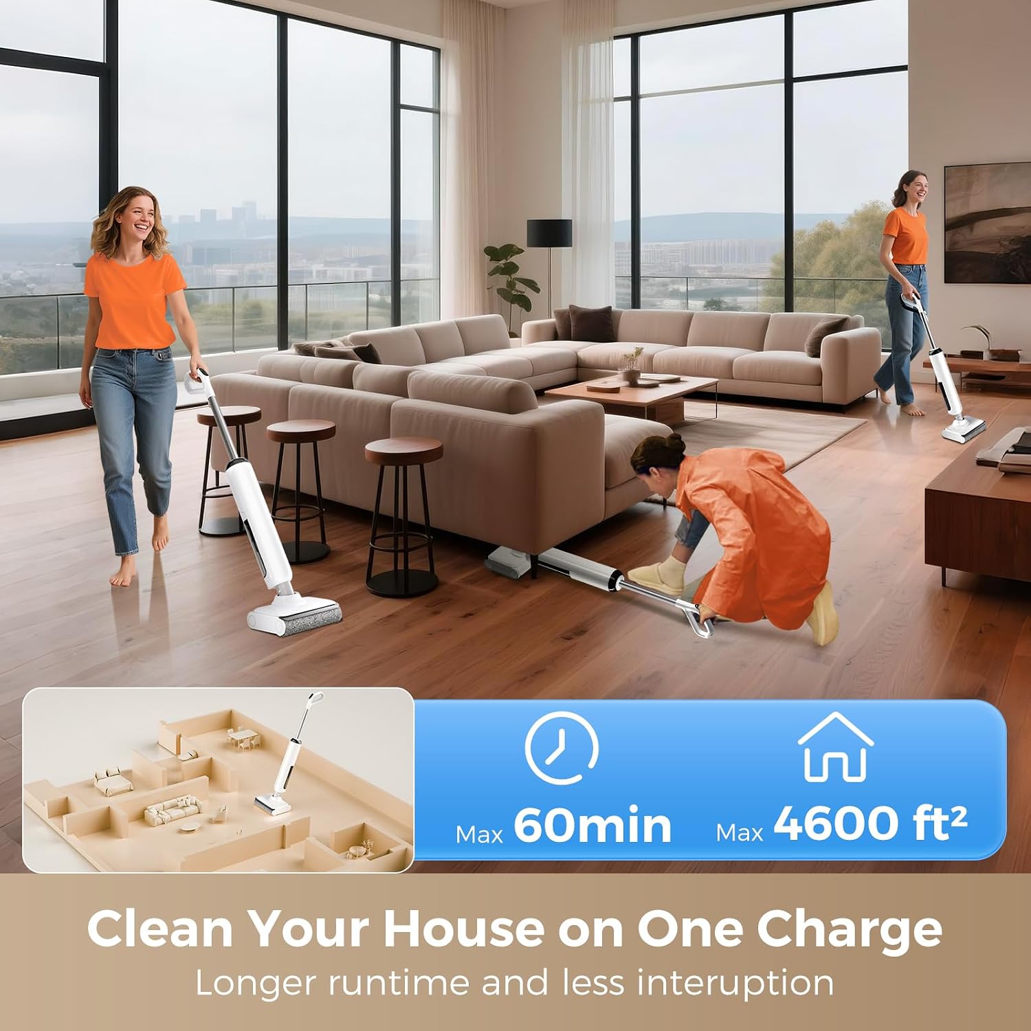 Wet Dry Vacuum Mop - Self-Cleaning Floor Washer with 180°Lie-Flat & 0 Hair Tangle, Self-Propelled Edge Cleaning, 60Min Runtime, Designed for Pet Hair, Kids' Spills & Daily Household Cleaning